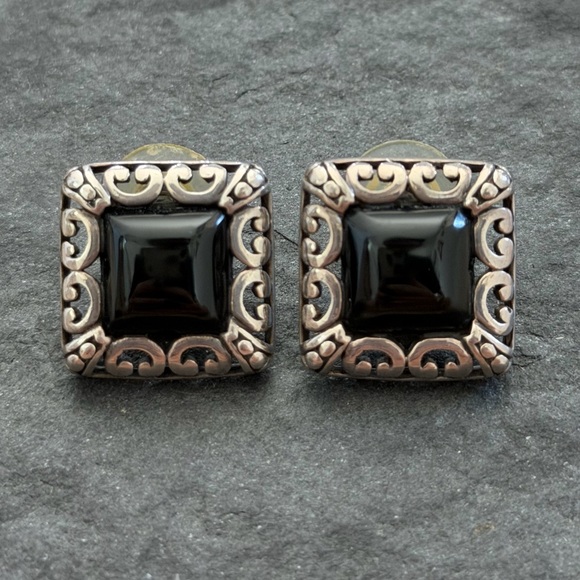 Vintage Sterling Silver Black Onyx Filigree Post Earrings - Picture 1 of 9